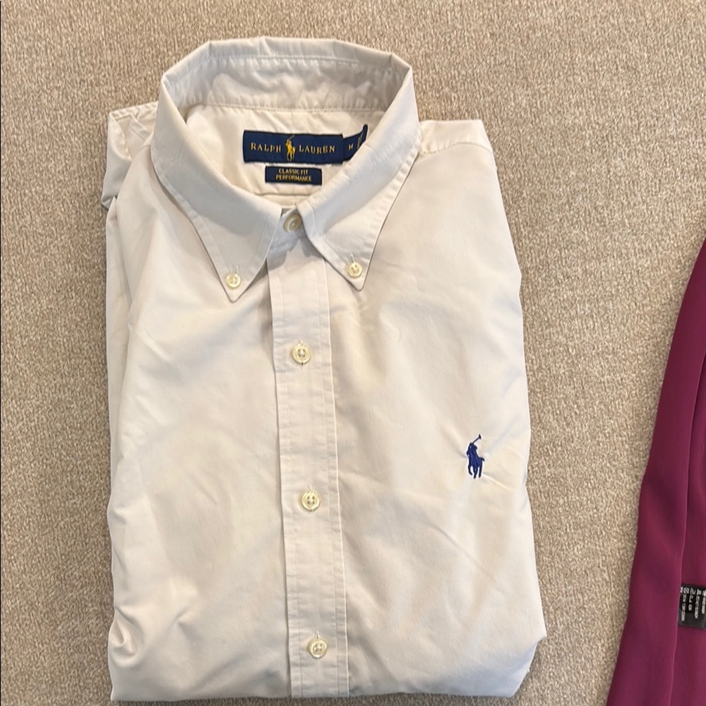 Ralph Lauren White Button-Down Shirt with Blue Polo Logo
